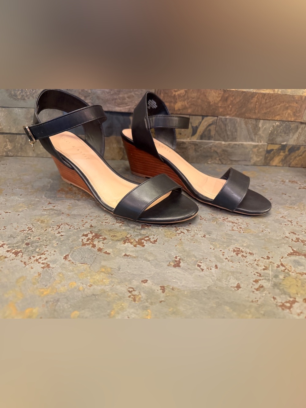 Kelly & Katie Elendra size 9.5 Black Wedge Sandals with Ankle Strap - Women's